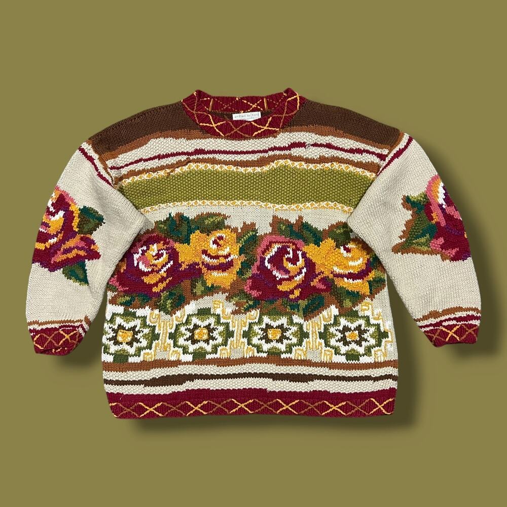 Vintage 80s Hand Knitted Sweater Jennifer Reed Floral Knit Crewneck Pullover
